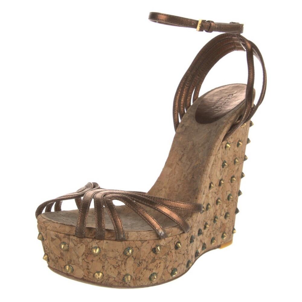 Gucci Metallic Bronze Strappy Wedge Sandals